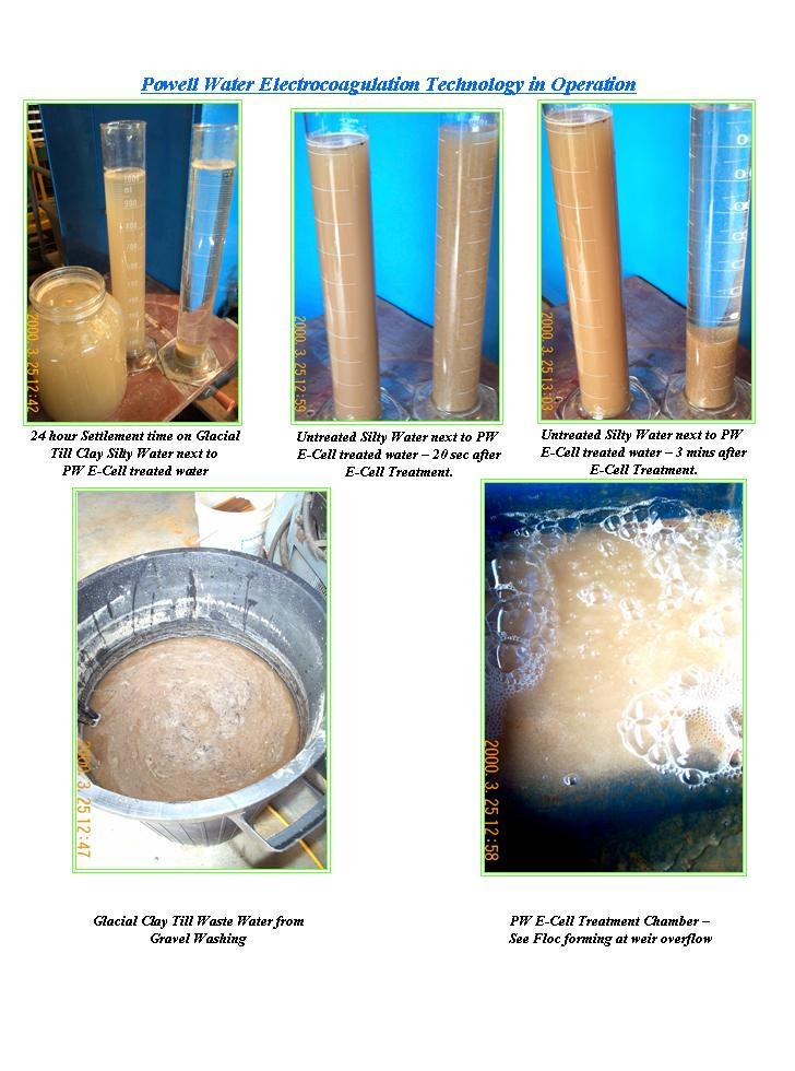 Side-by-side comparison: opaque brown glacial-till silty water before treatment, clear water after Powell Water E-Cell electrocoagulation in three minutes.